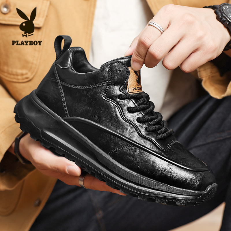 PLAYBOY/花花公子百搭运动鞋2025新款男士潮流厚底黑色皮面休闲鞋