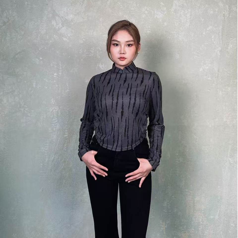 「paobi原创服饰」斑马纹双色上衣长袖气质立领