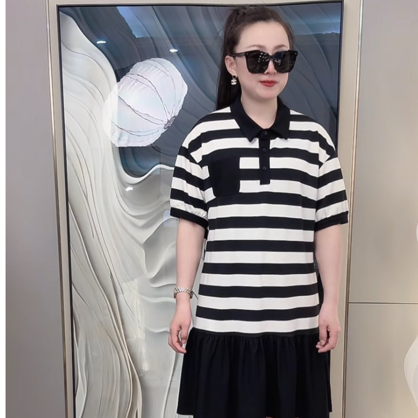 思诗曼服饰 推荐款 新品时尚 洋气韩版拼接横条连衣裙