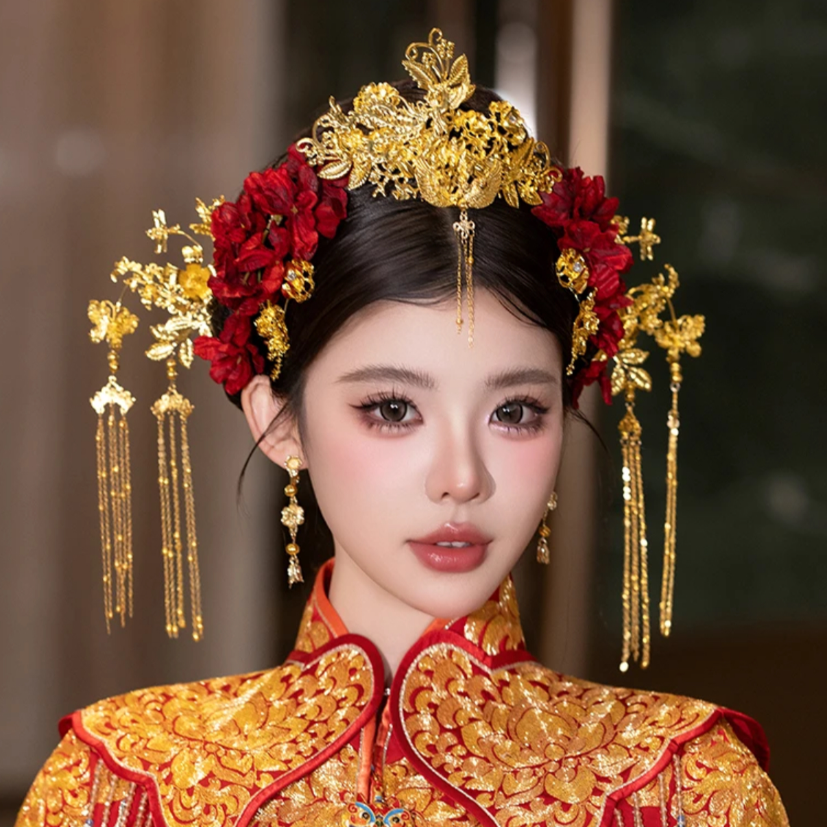 G282金色秀禾新娘头饰复古宫廷凤冠结婚汉服晨袍龙凤褂发饰高级感