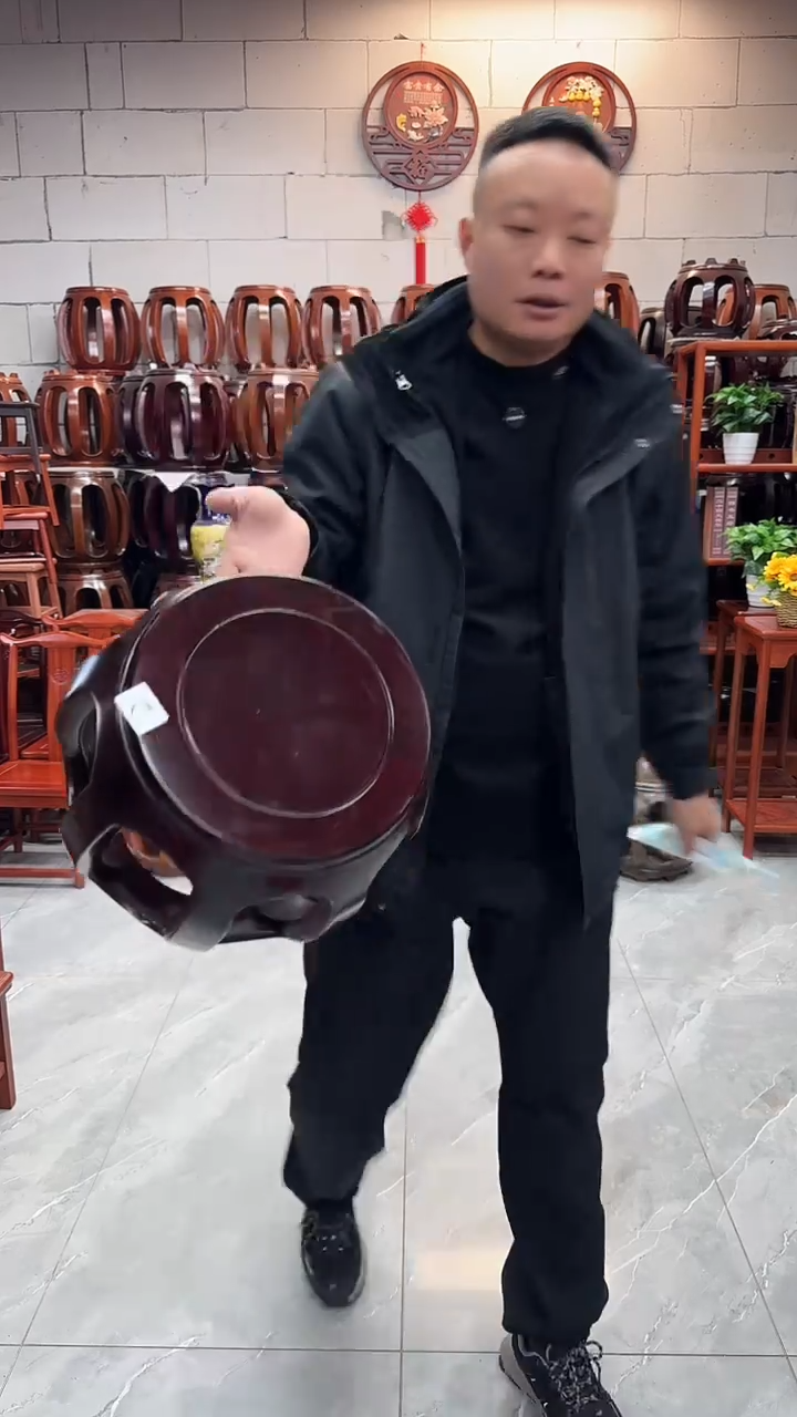 花梨木类家具（微瑕）酸枝色小号鼓凳单条2号