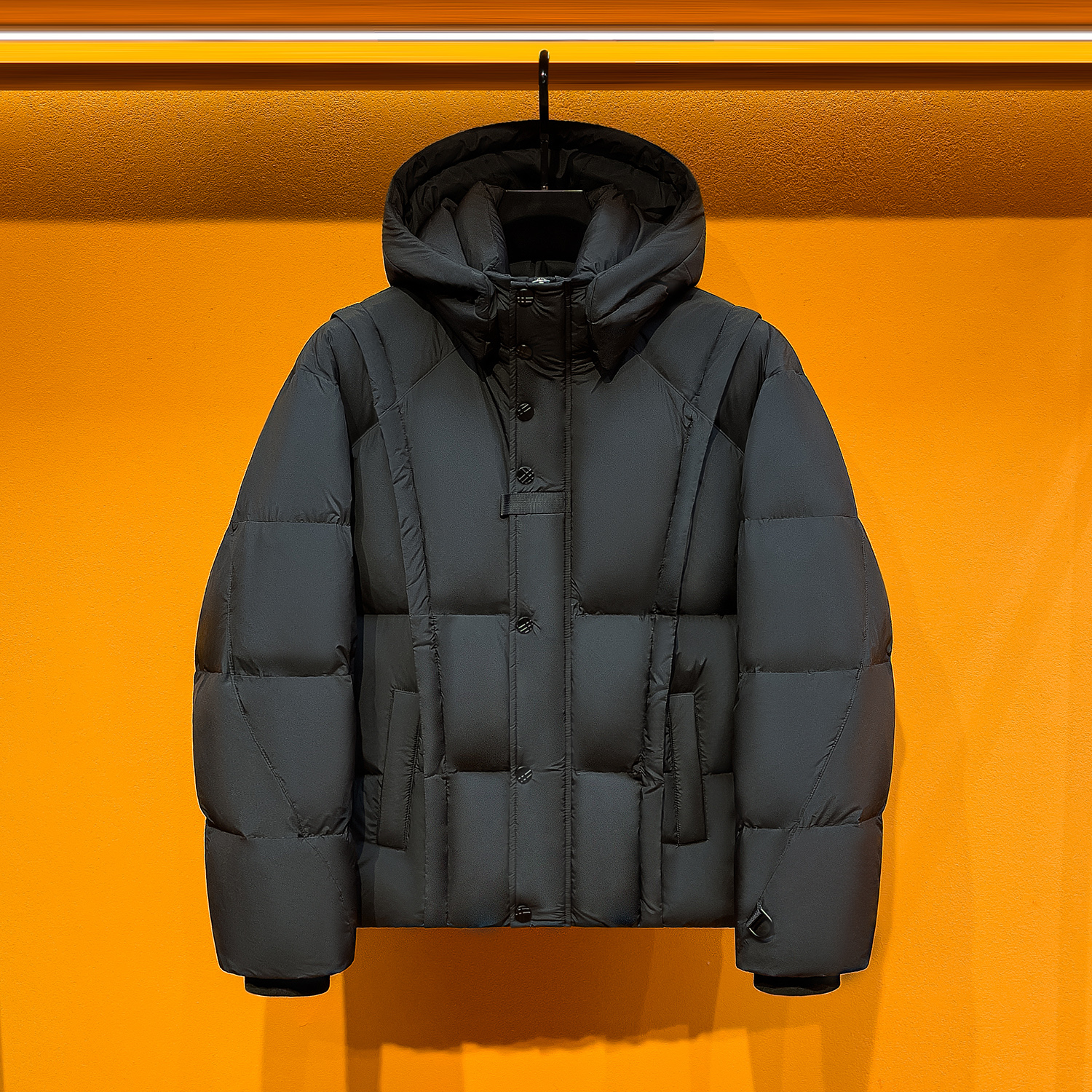 男士可脱卸连帽立领廓形蓬松短款保暖羽绒服冬季磁吸扣高充绒外套