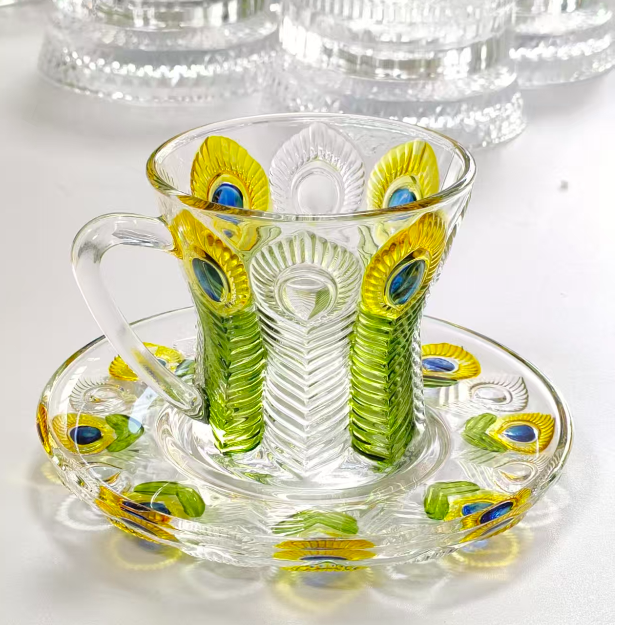 孔雀杯碟冷色系咖啡杯孔雀造型创新小资轻奢家居水晶玻璃水杯