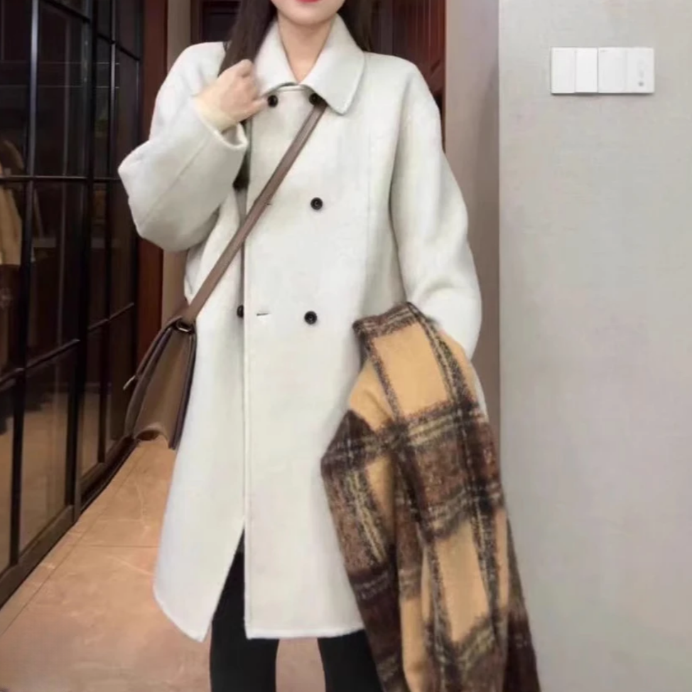 2025秋冬纯色气质中长款小个子韩版潮流气质双面大衣短款外套女
