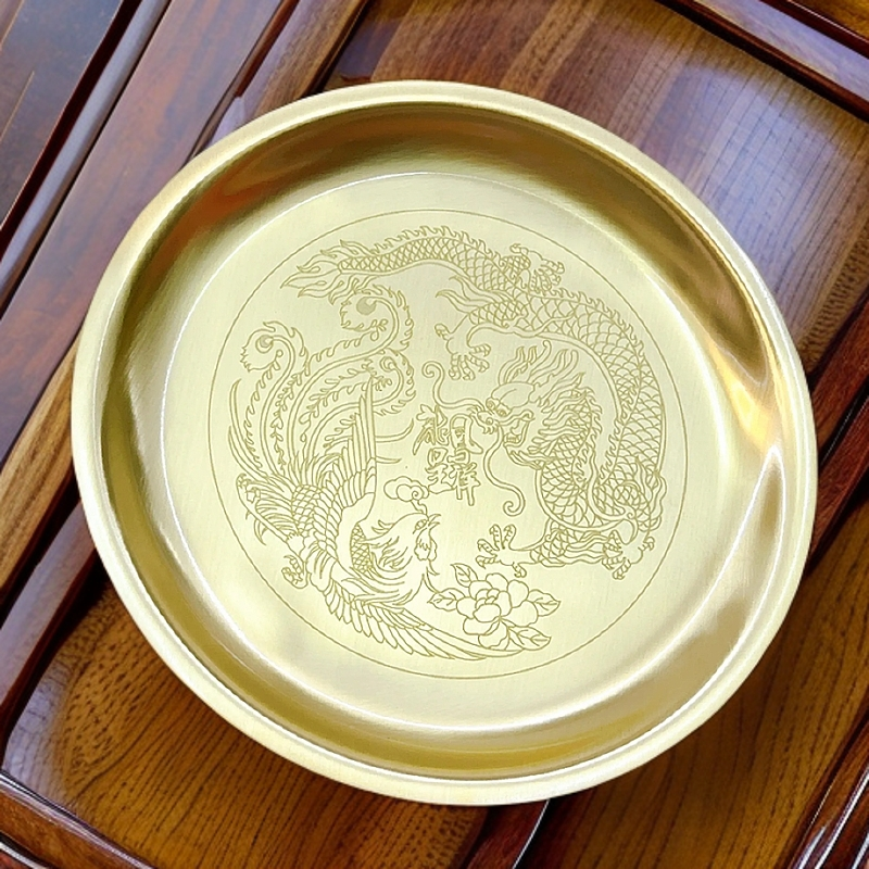 新款黄铜材质龙凤盘酒盘茶盘果盘工艺品复古龙纹摆件直径21厘米
