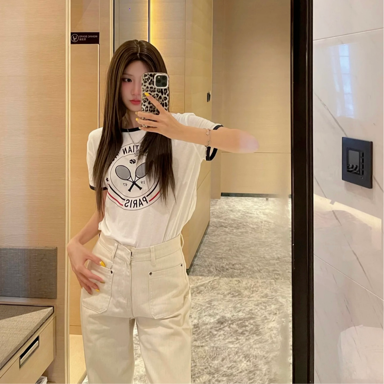 「长芯」南油高定25美式网球拍印花圆领包边袖口T恤女YZ24K01131