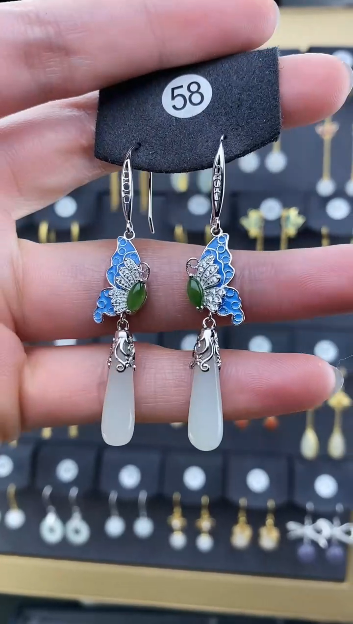 【闪购商品】和田玉耳饰银S925镀金镶嵌蝴蝶耳环