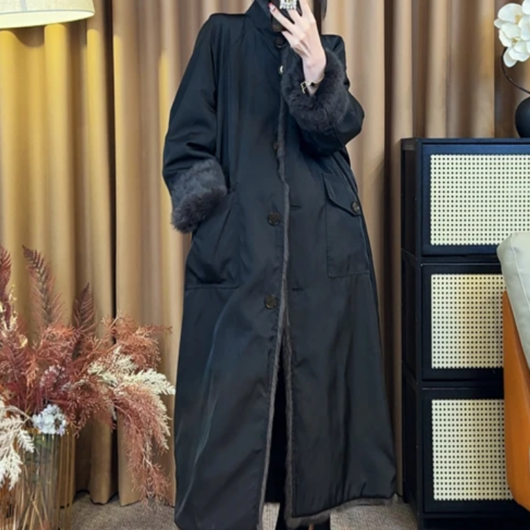 25冬季兔毛立领中长款大衣两面穿时髦派克服外套