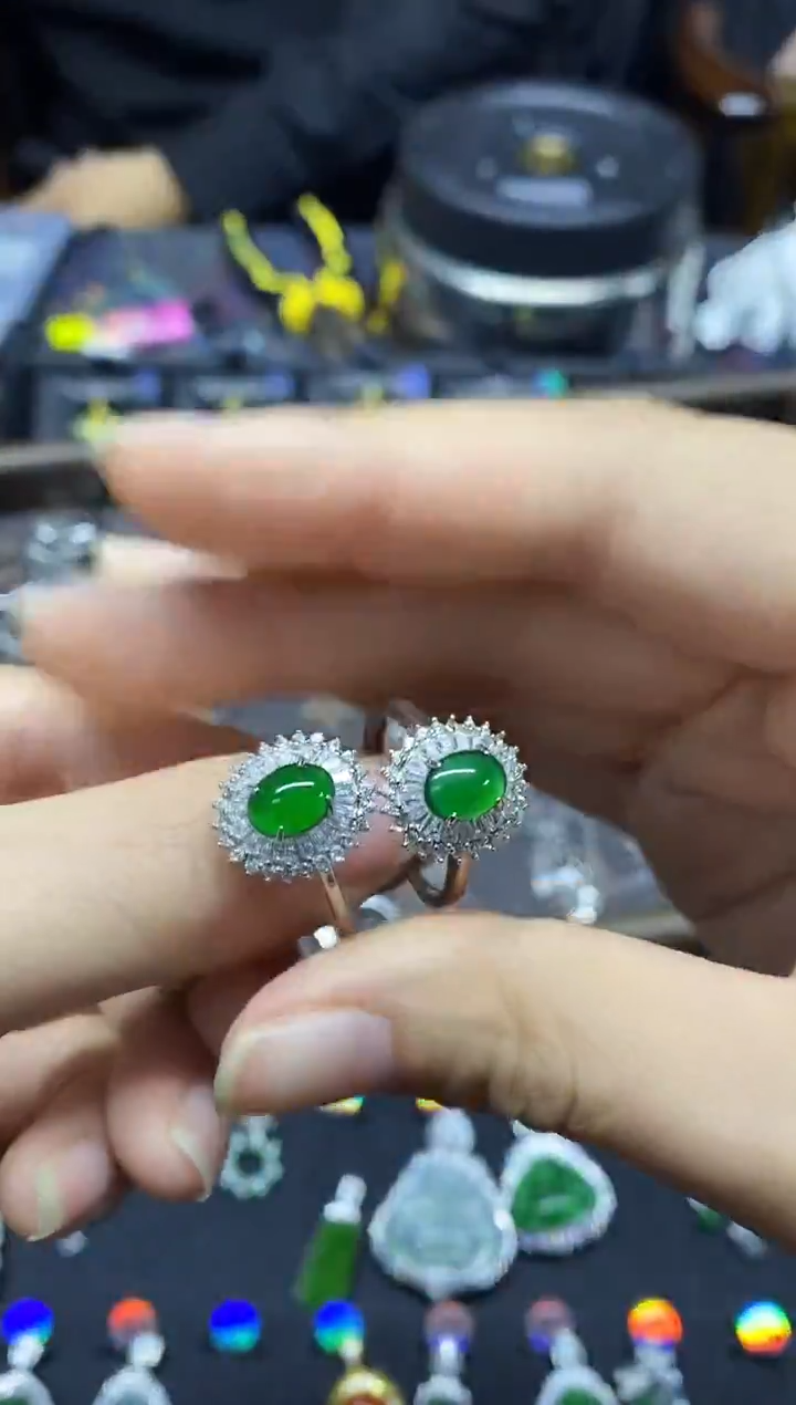 银S925镶嵌戒指翡翠松*大蛋面戒指（多样性发其一）