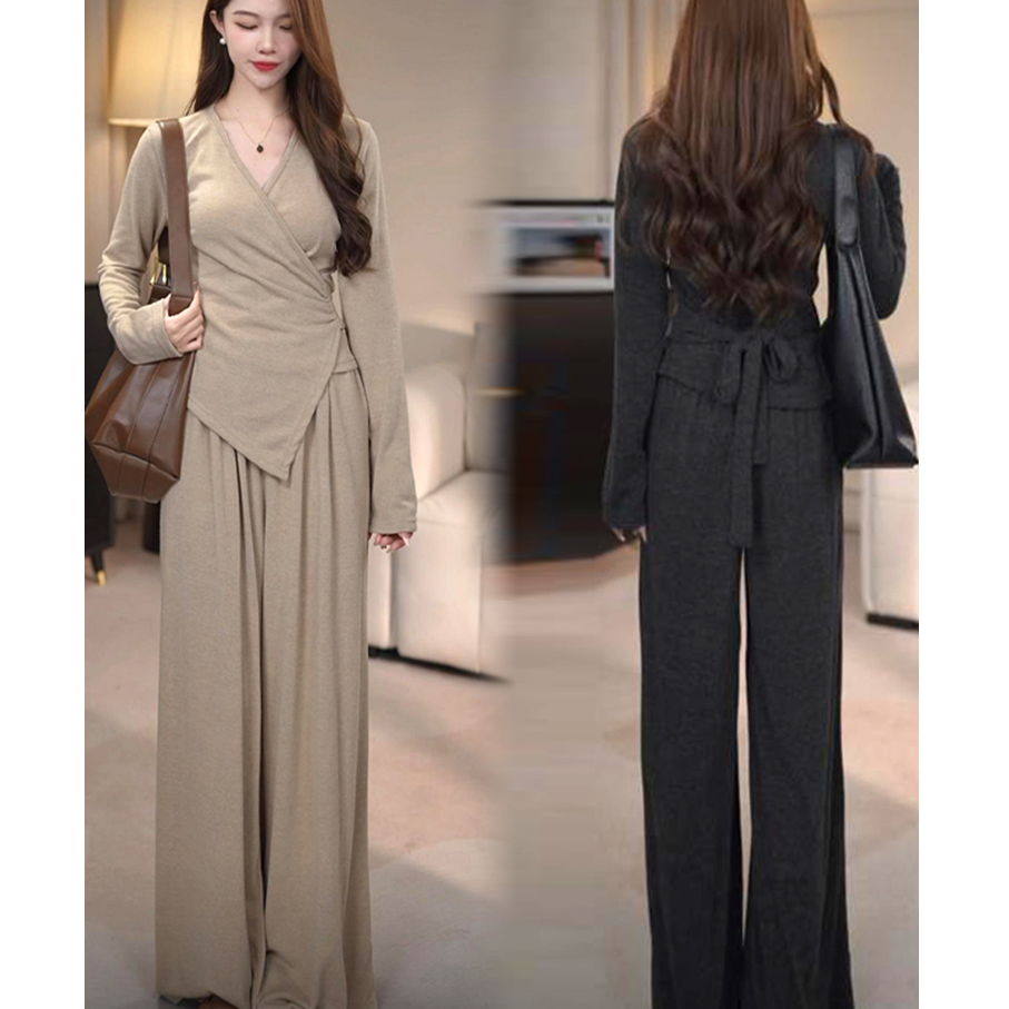 2025秋冬新款气质不规则系带直筒宽松阔腿裤两件套休闲运动套装女