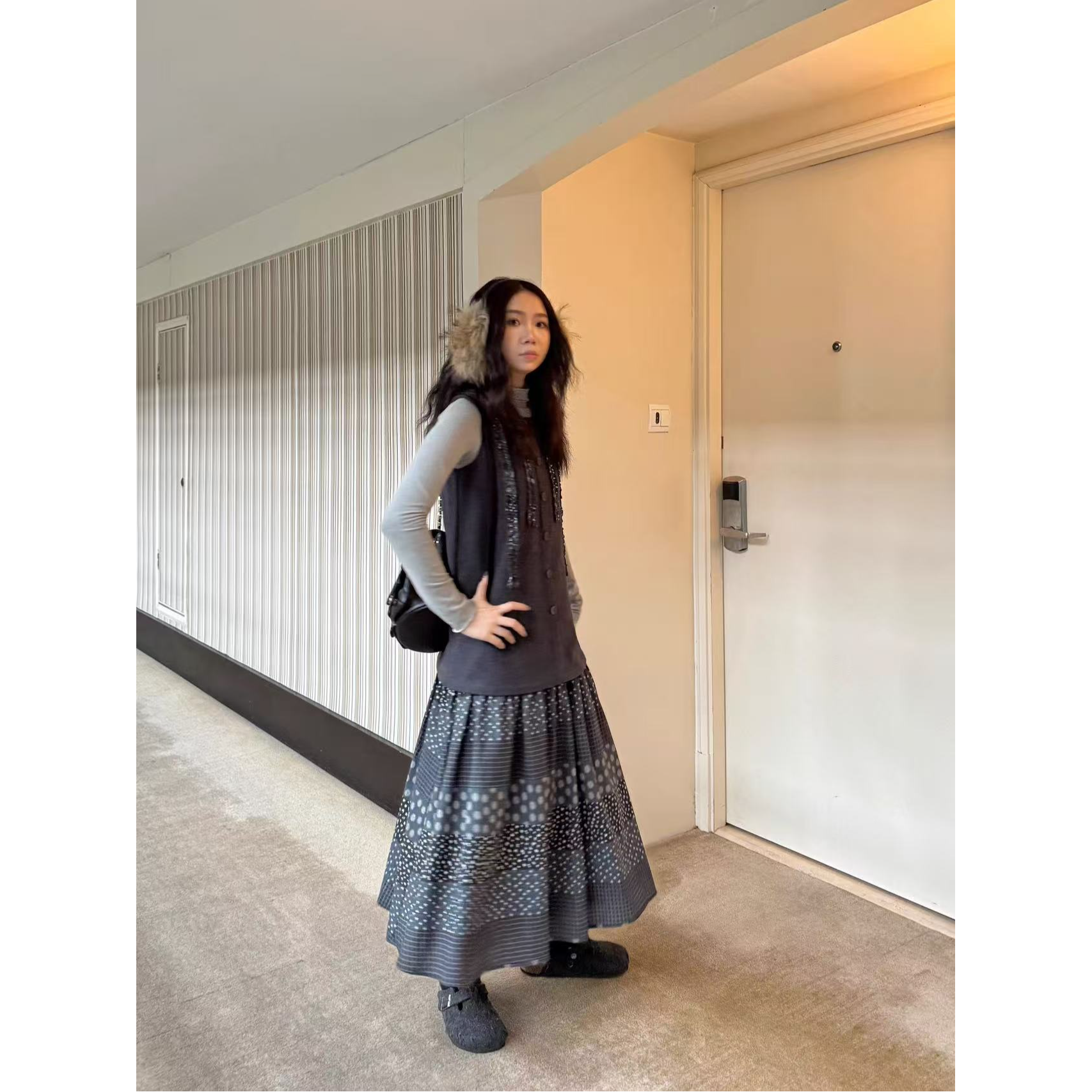 文艺风中长裙中腰蛋糕裙半身裙拼接秋季裙子名媛复古时尚套装