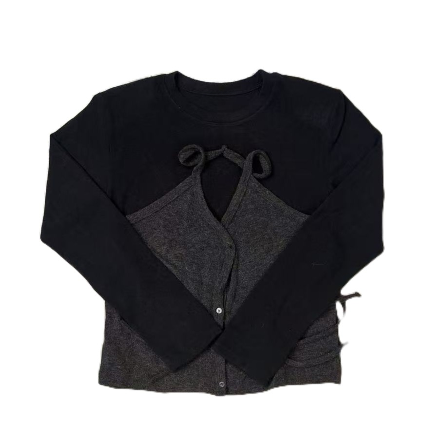 韩版新款洋气小众拼接绑带打底T恤长袖时尚休闲