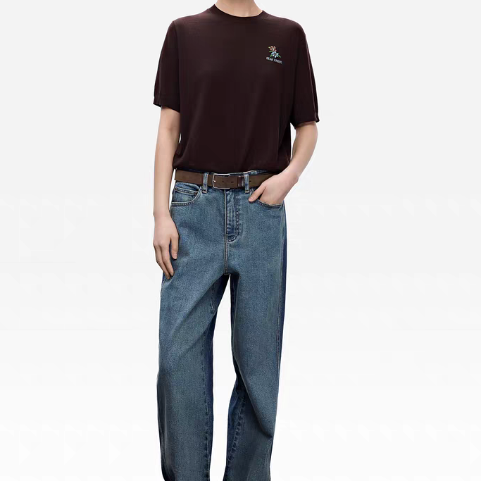 1817【可机洗】鄂女装精纺羊毛T恤25早秋新品圆领可露丽花簇短袖