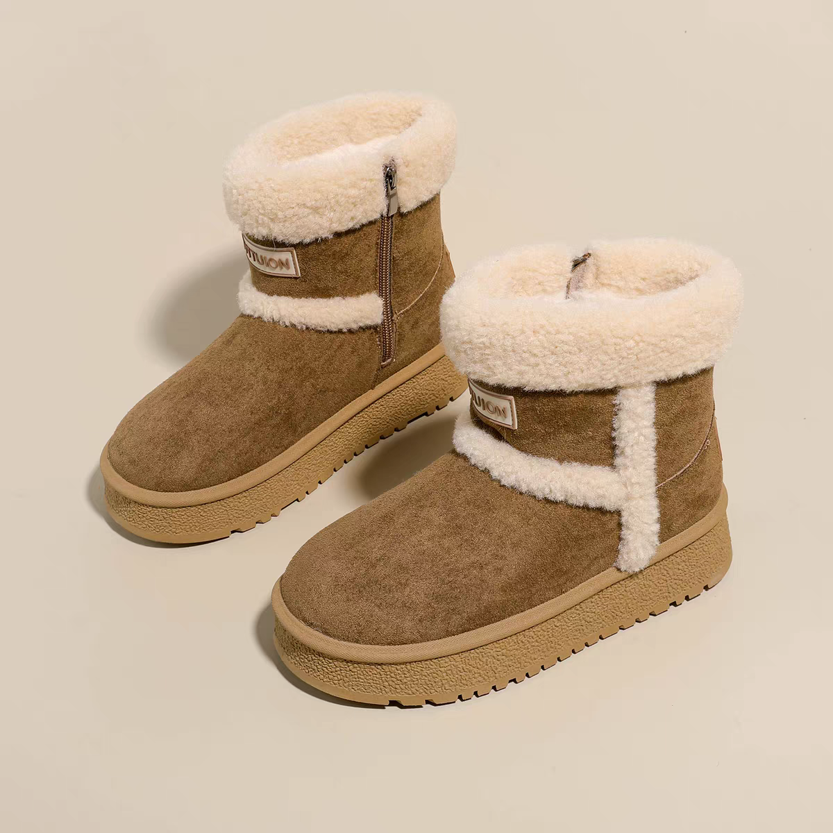 F11翻边雪地靴女新款冬季加绒加厚保暖短靴防滑厚底毛毛内里棉鞋