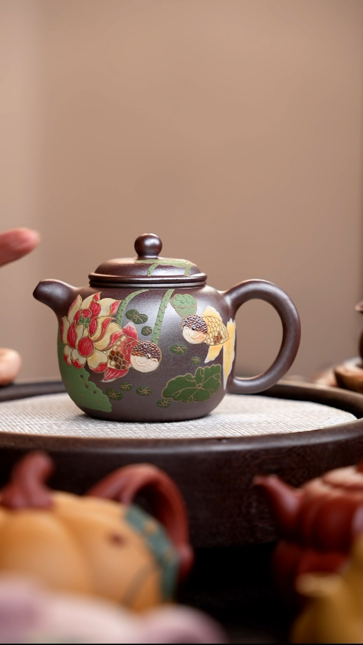 茶壶紫砂008 柴烧朱泥匏尊泥绘双鱼