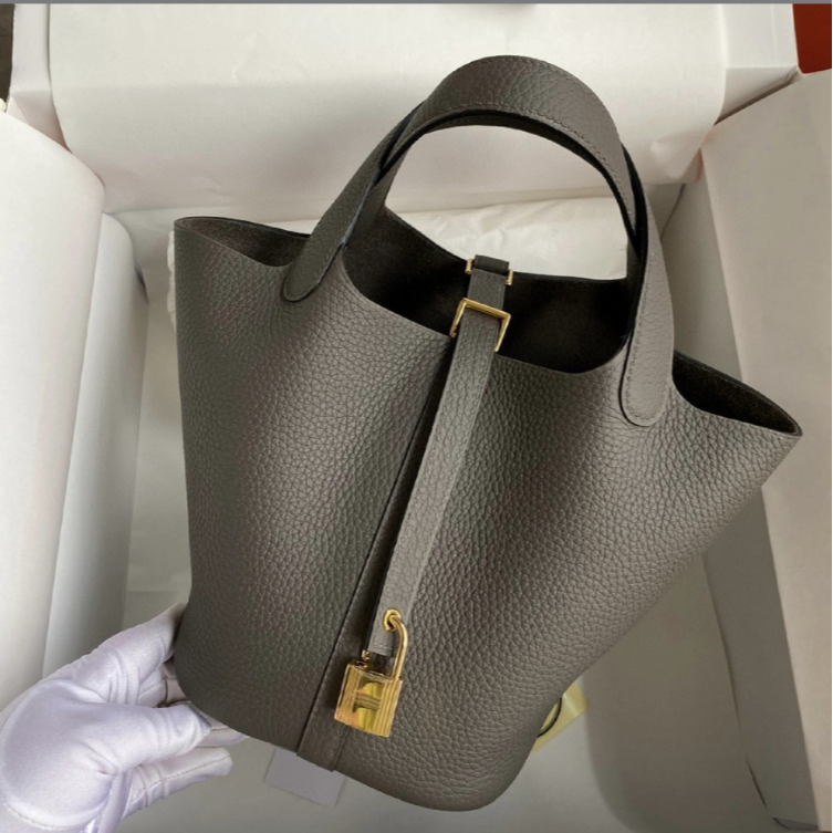 99新 Hermes/爱马仕 菜篮子22锡器灰金扣tc皮B手提包