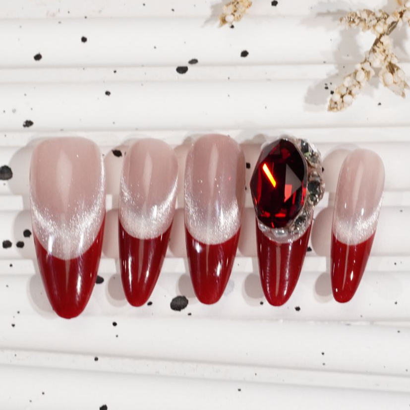 【浅酌时光】新年红色法式施华洛全华鸽子蛋猫眼简约日常显白穿戴甲