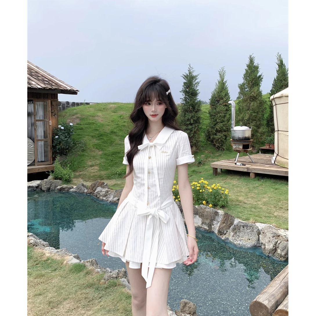 知禾知夏 学院风系带蝴蝶结条纹百褶裙夏季短袖连衣裙带腰带套装