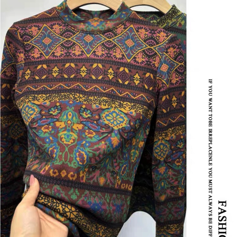 【双11特惠】秋冬款洋气半高领印花复古打底衫【复古花】