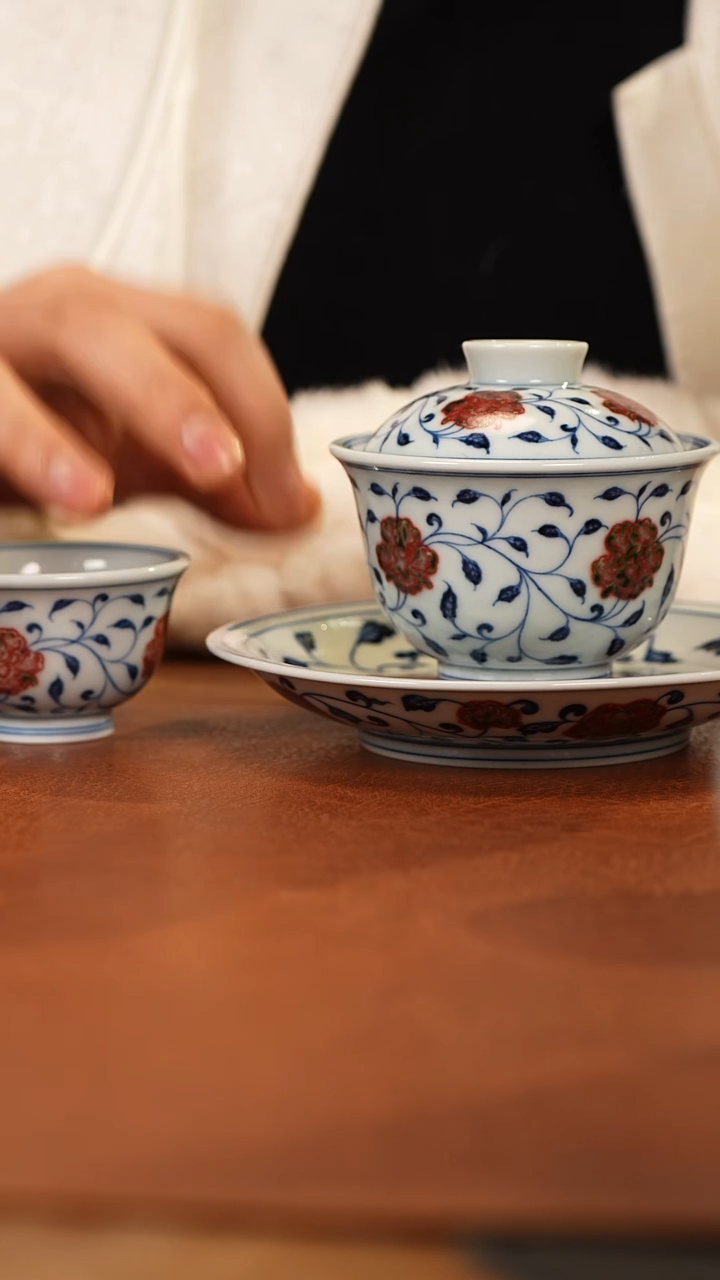 【闪购商品】杯和然釉里红岩茶盖碗加杯托加迷你小压手