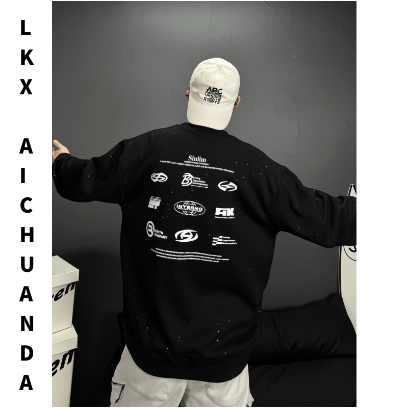 秋季银河满天星重磅卫衣字母印花情侣款连帽黑色百搭圆领宽松卫衣