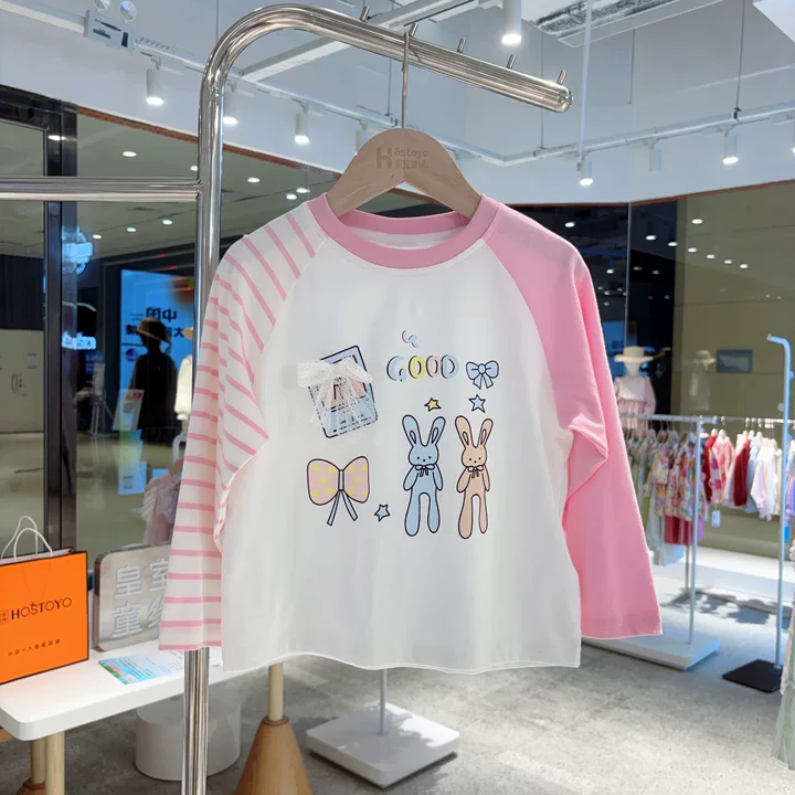 皇室童缘2025秋季女童新款舒适百搭撞色鸳鸯袖插肩T恤17730235023