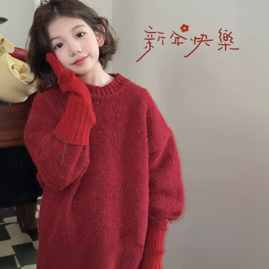 女童红色毛衣2025新款秋冬洋气时髦初中生超好看星空针织衫上衣潮