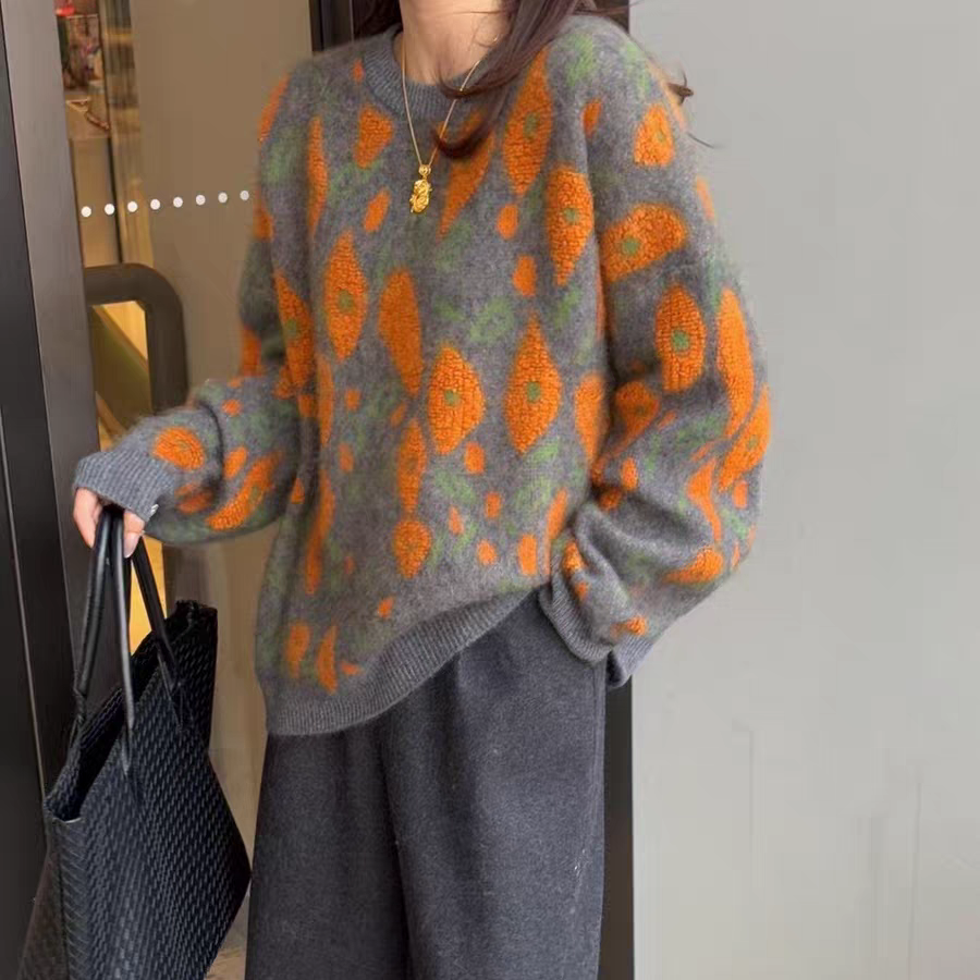 厚款圆领休闲提花设计冬季女宽松针织衫-LM