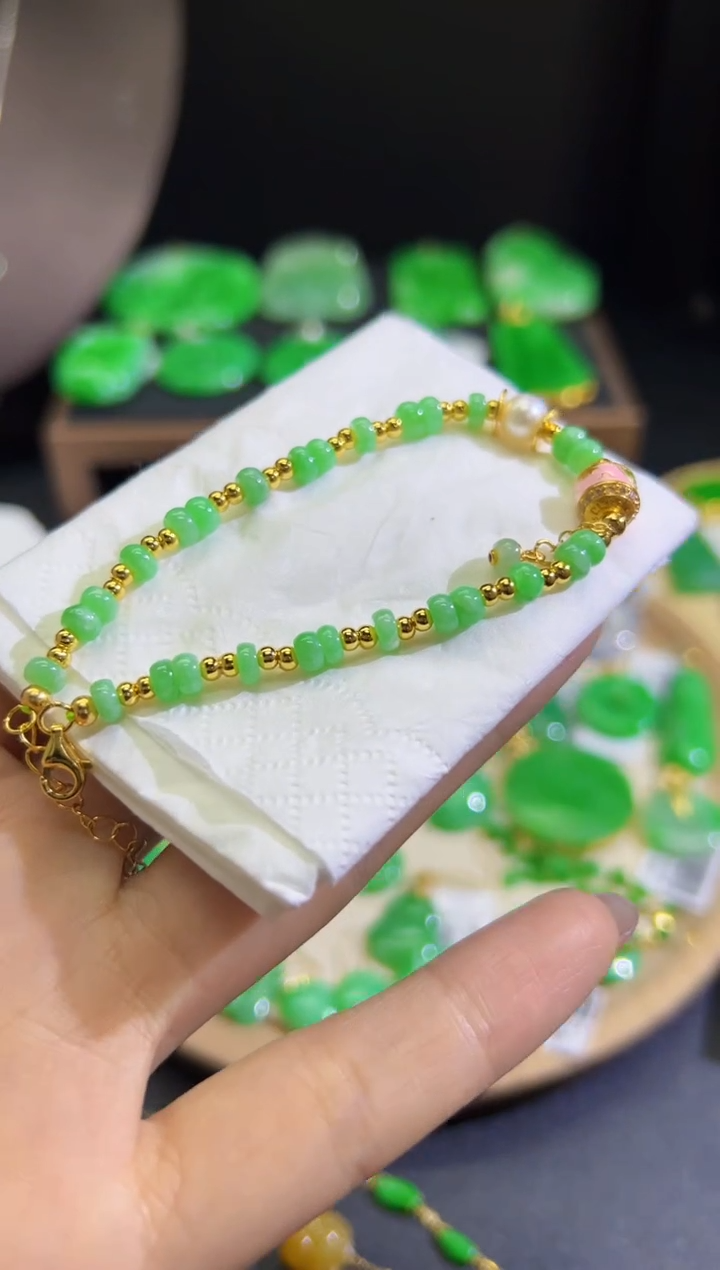 【闪购商品】翡翠手链银S925镶嵌Q缅料A货翡翠/支持复检/一件