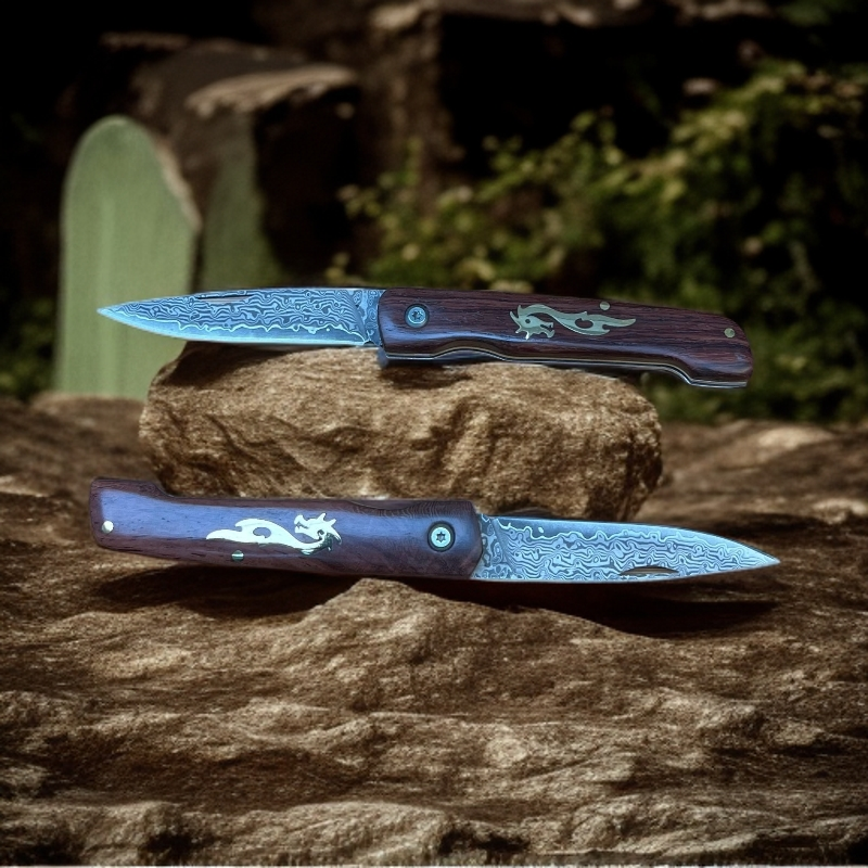 红酸枝木与黄铜搭配手工锻造大马士革钢便携水果刀