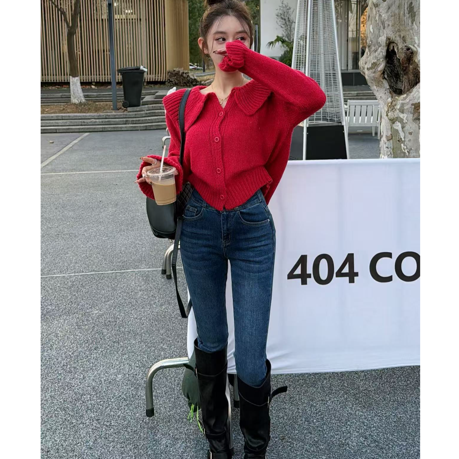 【YKL】樱桃慕斯  红色荷叶领花瓣袖毛衣开衫深蓝腿精牛仔小脚裤