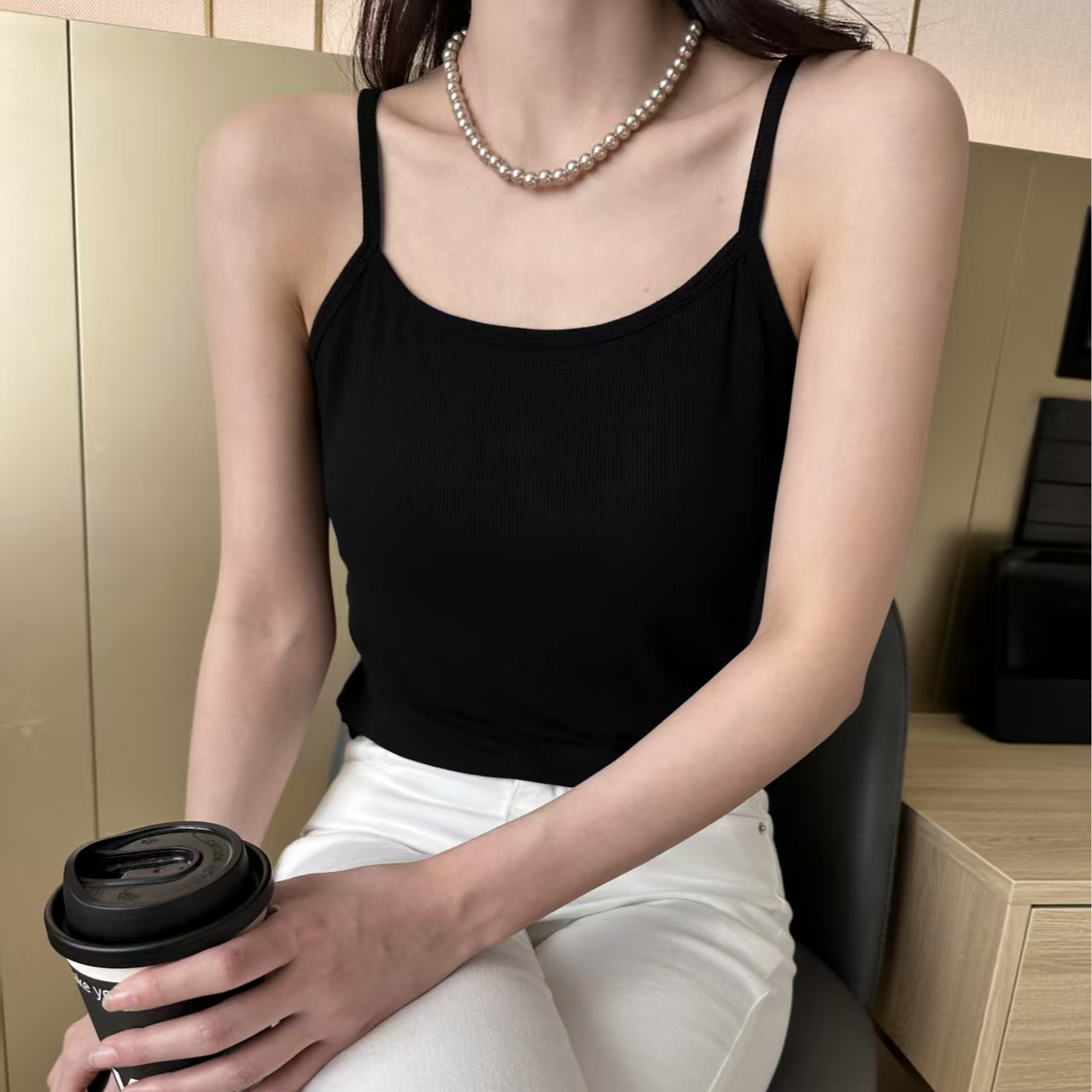 韩系原创螺纹棉高弹力带胸垫吊带背心