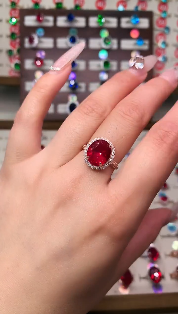 无925银典藏 轻奢 鸽血红红色系10*12戴妃玫瑰金托戒指