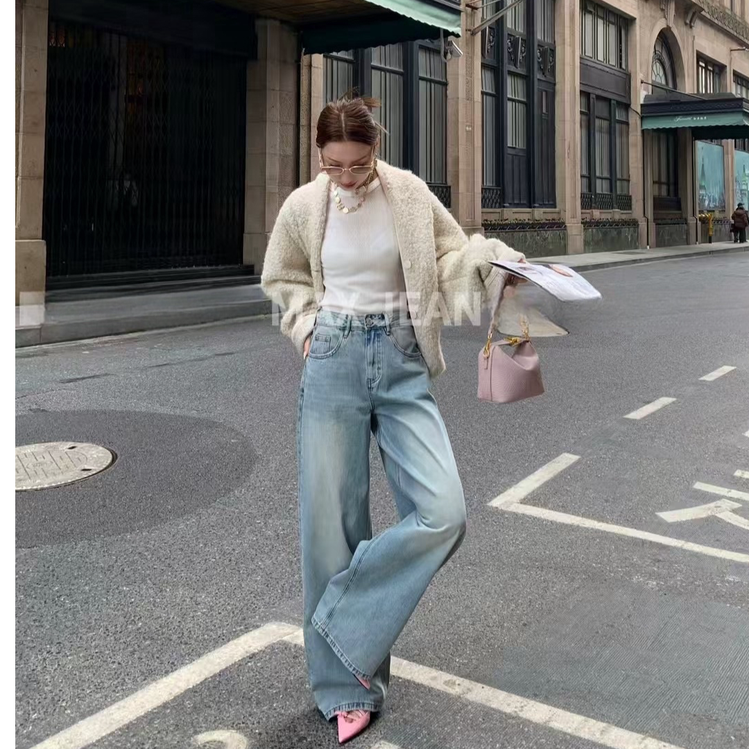 浅色洗水杨树林同款阔腿牛仔裤女春季显瘦复古小众宽松直筒拖地裤