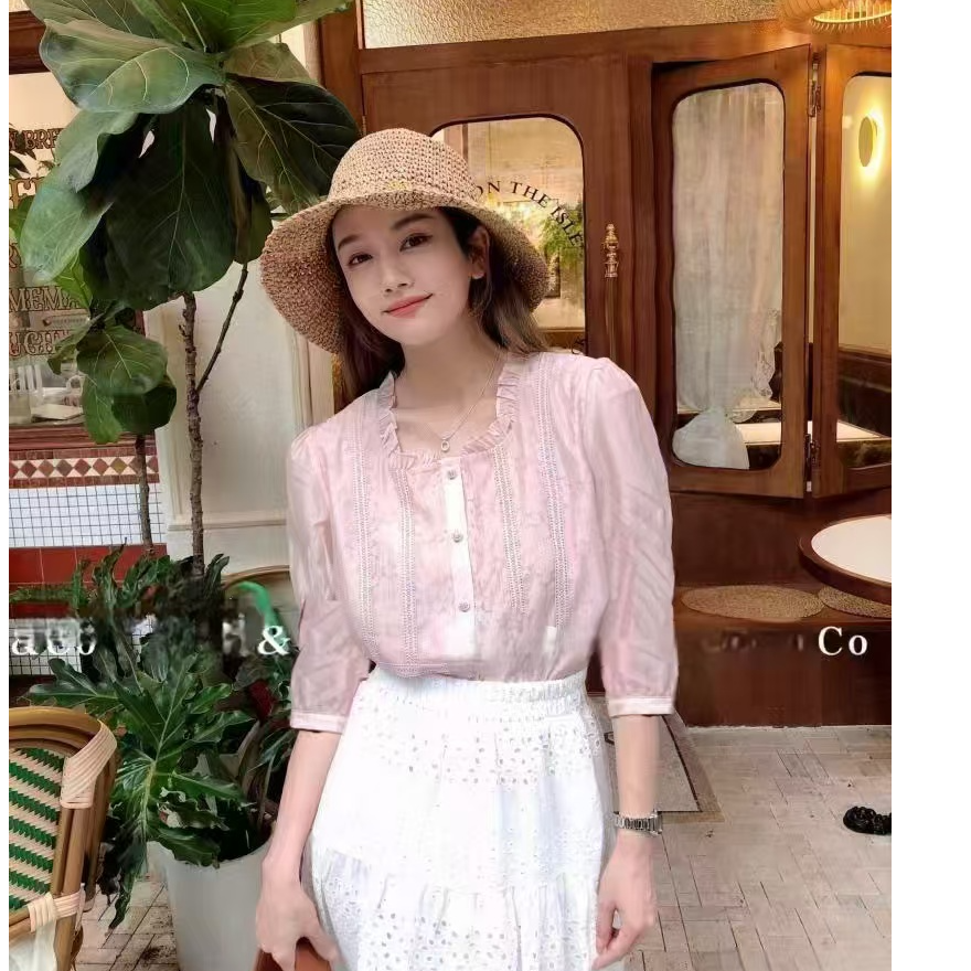 夏新款韩版木耳边领单排扣上衣S116