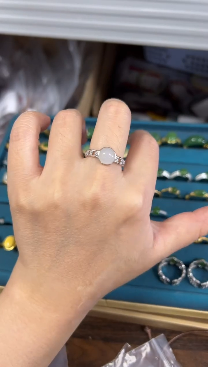 银S925镶嵌戒指和田玉和田玉白玉蛋面银镶嵌戒指[2778]