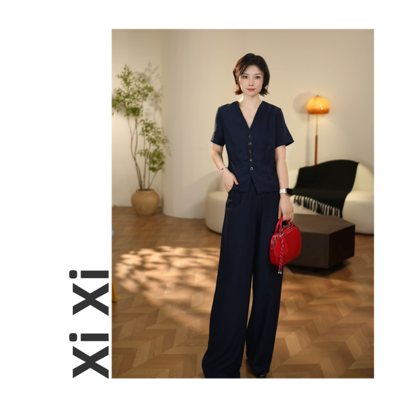 西西F129初夏新款2025高级气质显瘦小V领短袖上衣+直筒裤套装女