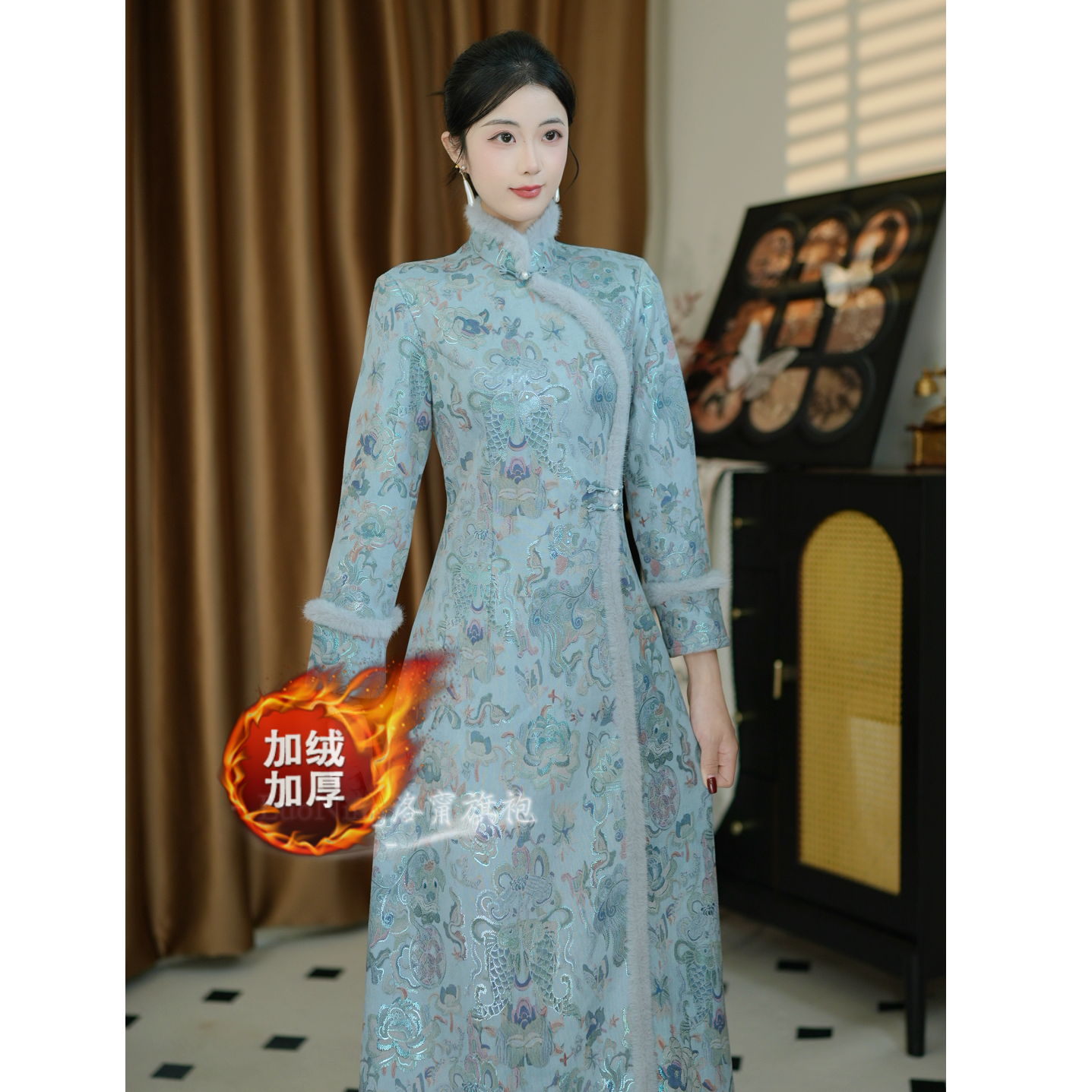 <山海绘>[加绒]2025秋冬新款不开叉A摆国风气质显瘦加厚旗袍裙