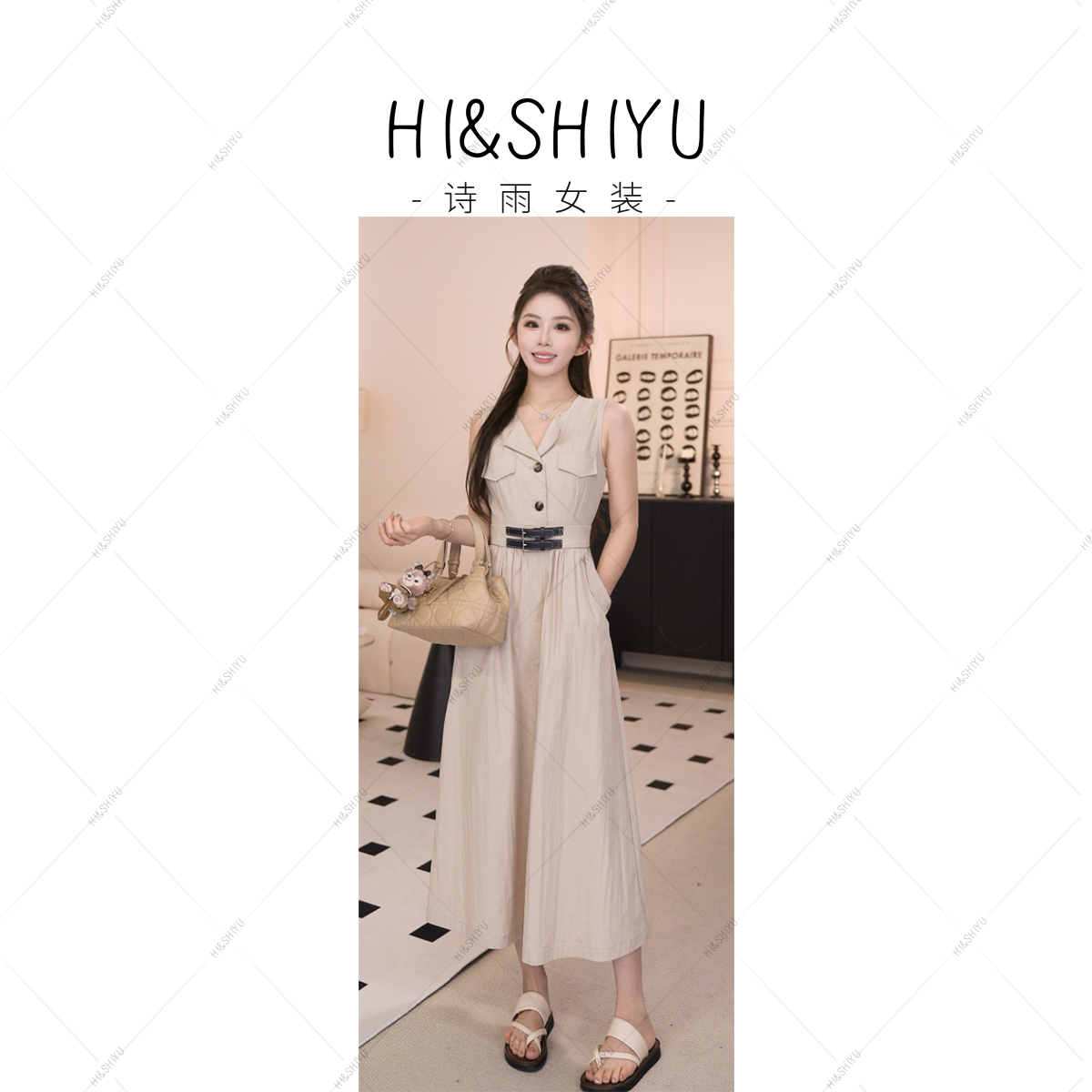 HISHIYU【港岛之旅】设计感V领压褶性感收腰显瘦气质连衣裙PINK