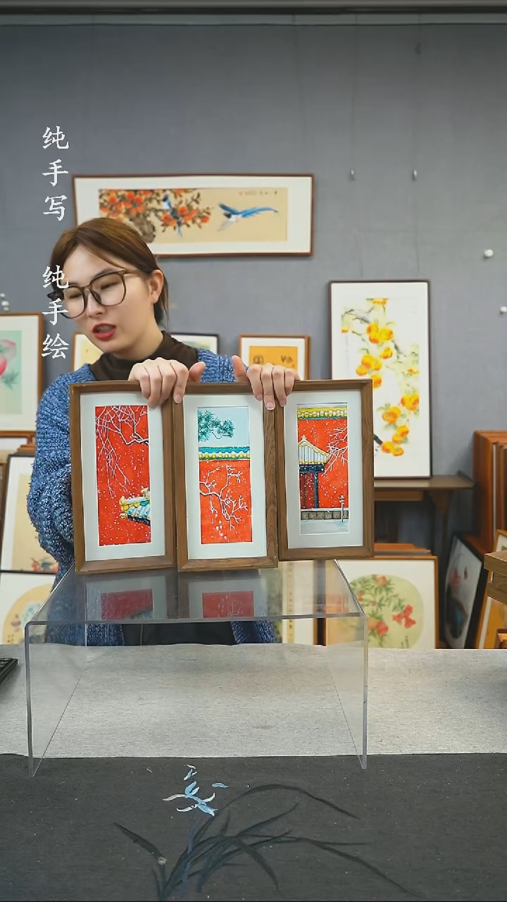 【闪购商品】国画手写手绘带框作品-16*29-三个一套