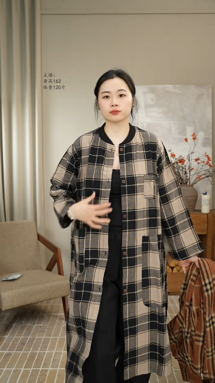 棉麻格子风衣外套黑格 1721