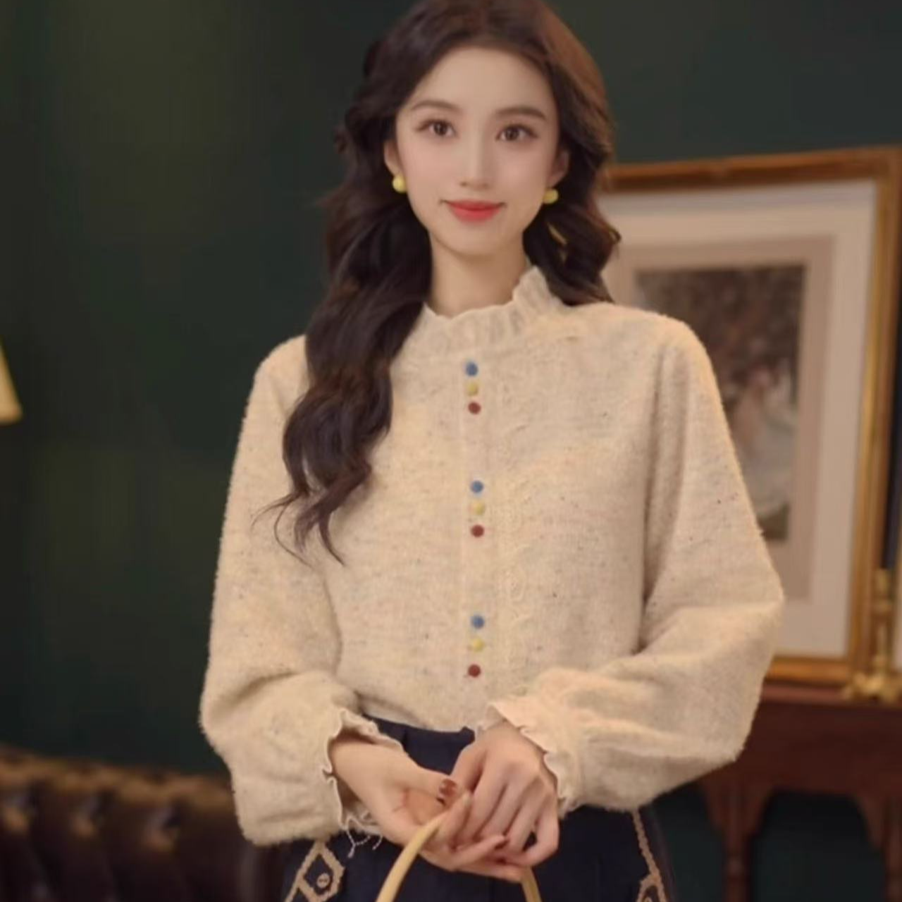 【彩虹糖果】超好看花边领粉色衬衫女冬季设计感彩色糖果上衣