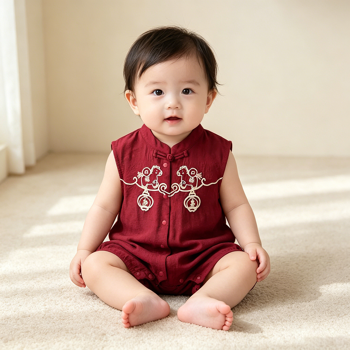夏季婴儿宽肩无袖连体衣服如意宝宝百天国风哈衣周岁礼服薄款爬服