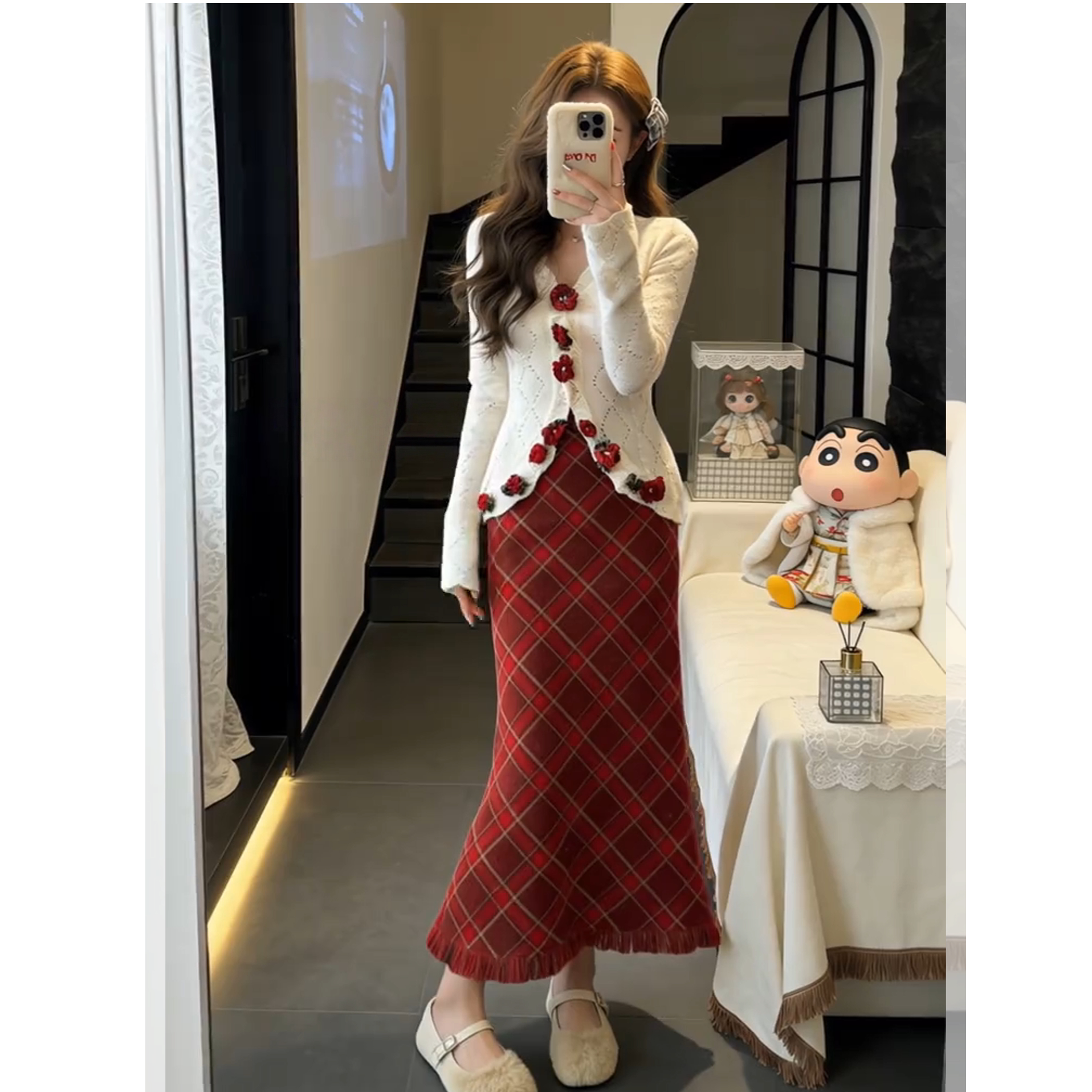 秋冬穿搭一整套女2026新款小香风针织开衫百搭格子半身裙两件套