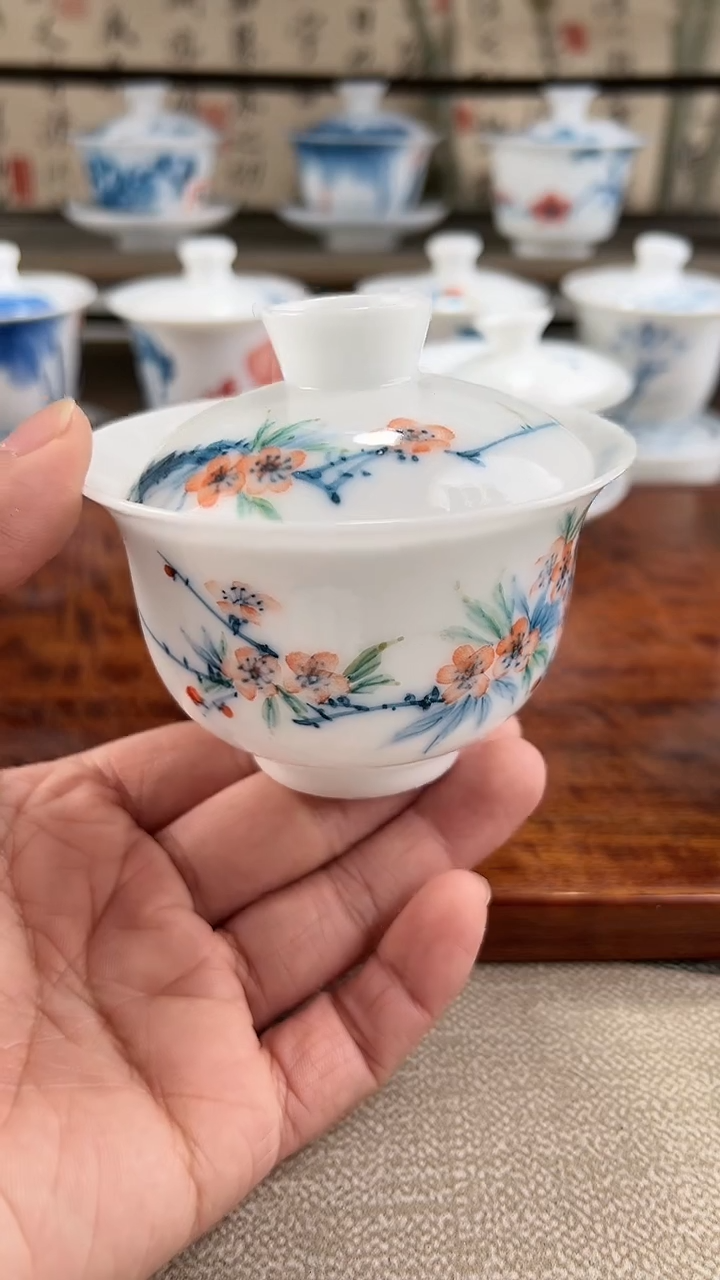 全品高冰桃花二才布袋盖碗130ml