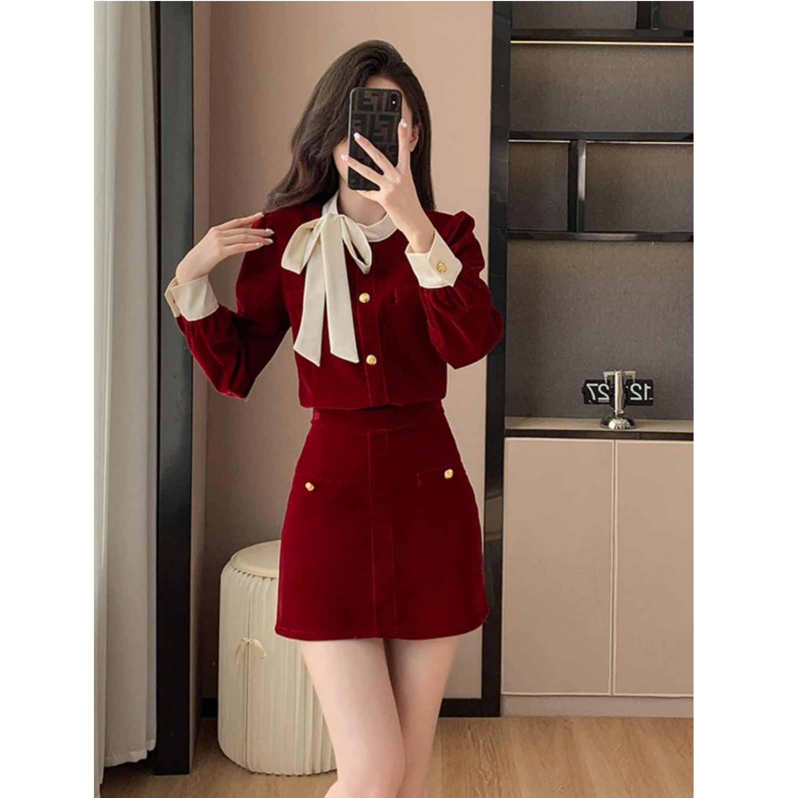 小香风气质高级感蝴蝶结丝绒套装女上衣高腰修身半身包臀裙两件套