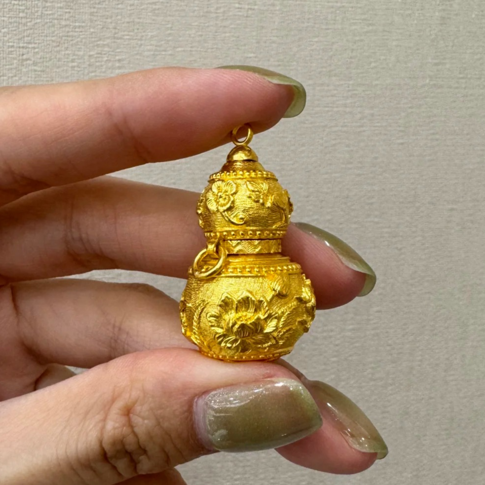 非遗雅韵 孟庆国大师款 不染古法金葫芦吊坠 