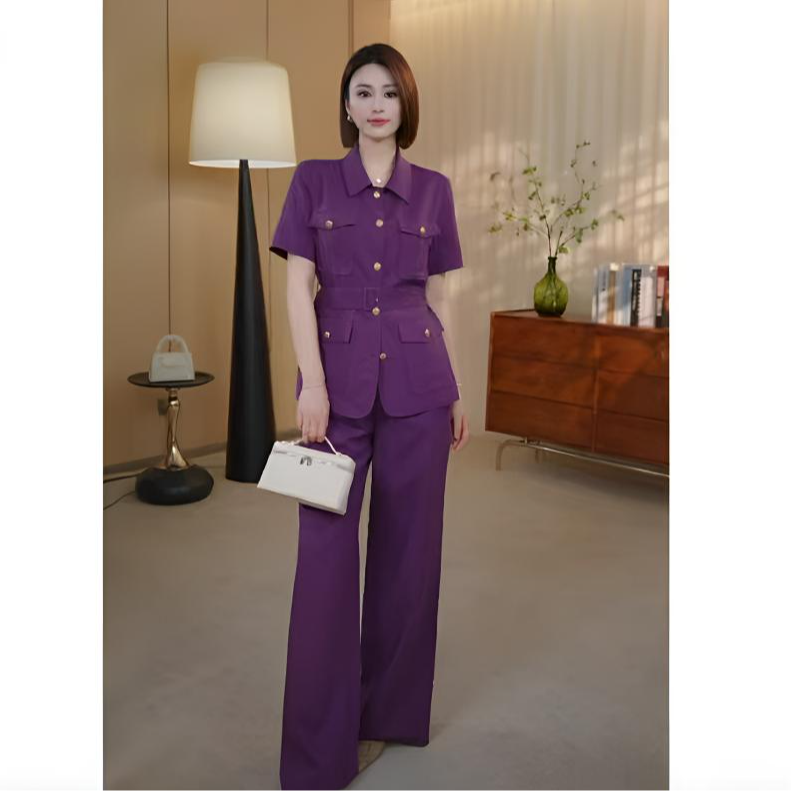 （短袖）重磅亚麻天丝~老钱风高级感时尚御姐上衣阔腿裤两件套25665