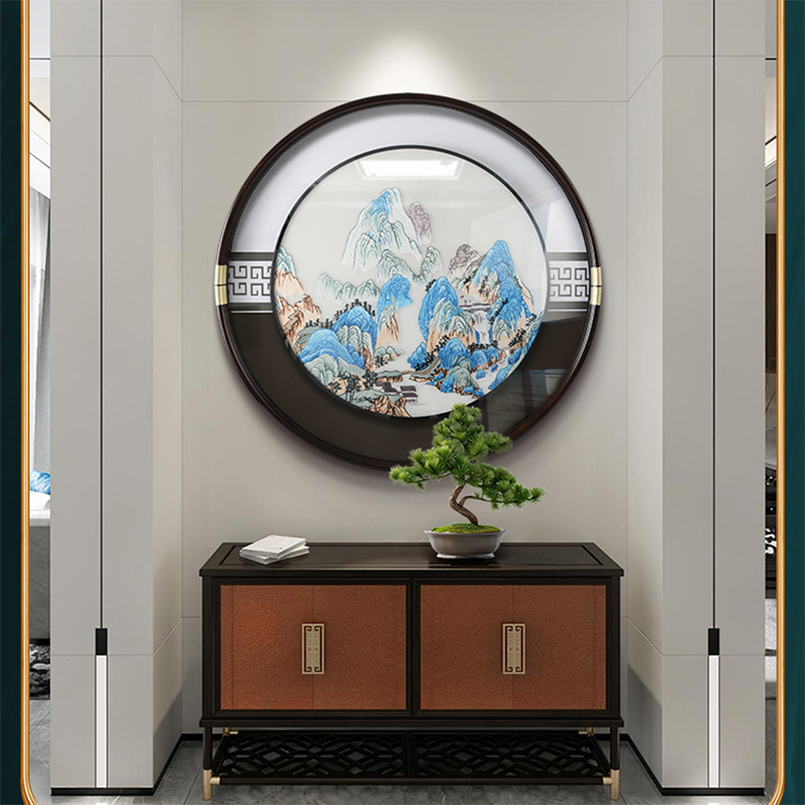 新中式圆形高档刺绣入户玄关装饰画客厅沙发背景墙挂画