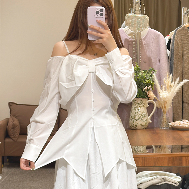春夏新款法式优雅甜美吊带长袖露肩上衣蝴蝶结衬衣高腰半身裙